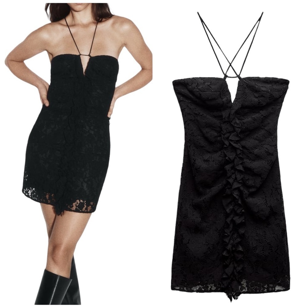 Zara Lace Ruffle Draped Strappy Black Mini Dress